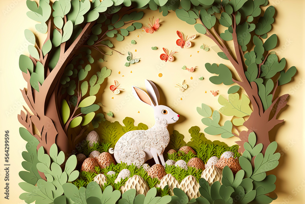 Paper cut background with rabbit and Easter eggs. Intricate details. Generative AI 