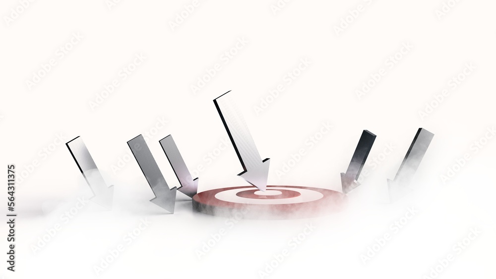 Silver arrow hit in the target. Business concept. 3D Illustration.