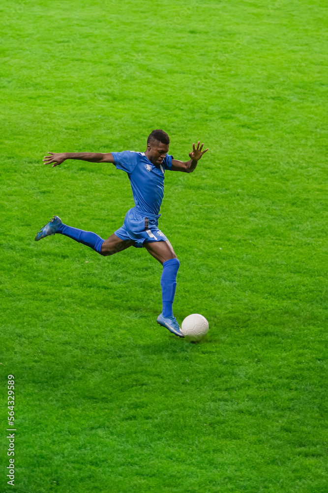 Vertical Shot: Major League Soccer Football Championship. Portrait of Blue Team Player Running, Dete