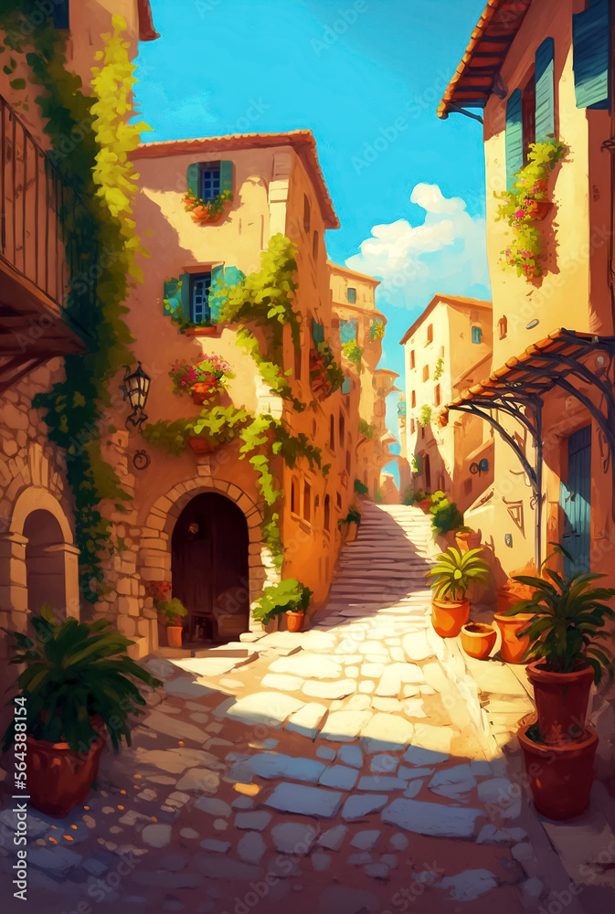 欧洲城市地中海的老街。可打印的绘画，艺术品
