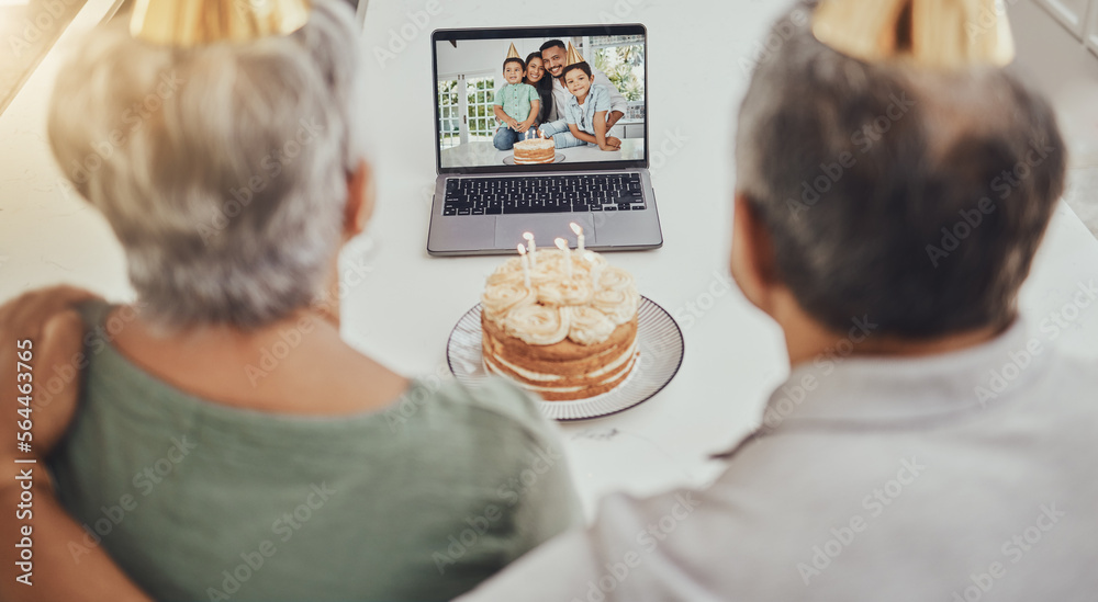 Birthday, video call and senior family for virtual celebration, party cake and online love, care and