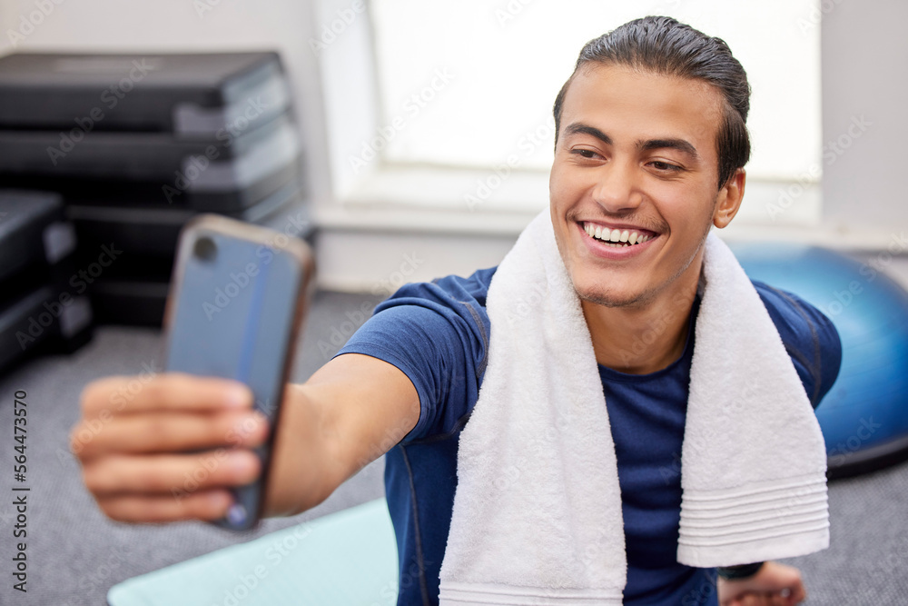 Fitness, man and smile for selfie, social media or profile picture with towel after workout exercise