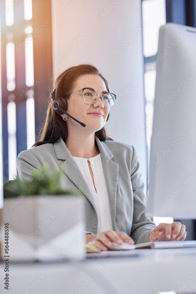 Woman, telemarketing and typing computer in call center office for customer service, crm support and