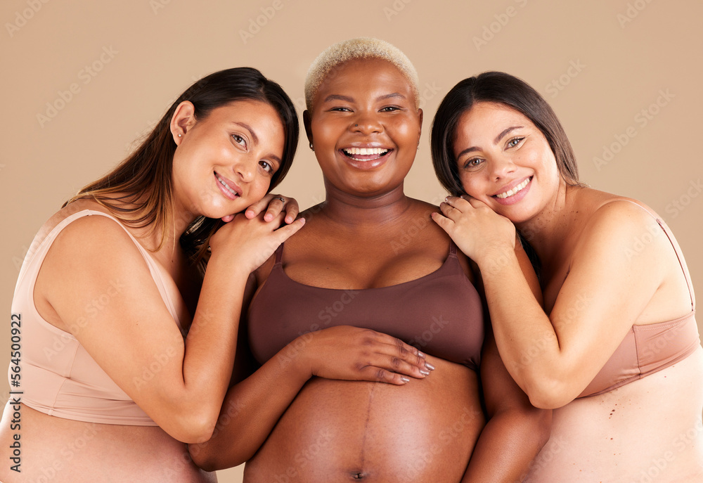 Portrait, beauty and happy with pregnant friends in studio on a beige background for diversity or mo