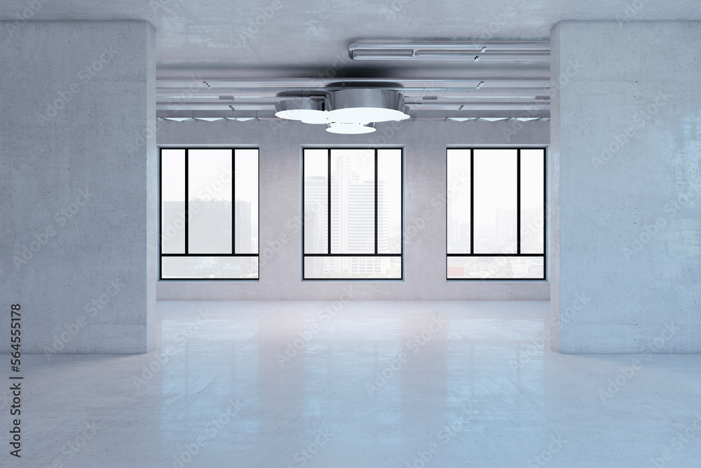 抽象的豪华混凝土房间设计，带窗户和日光。3D渲染。