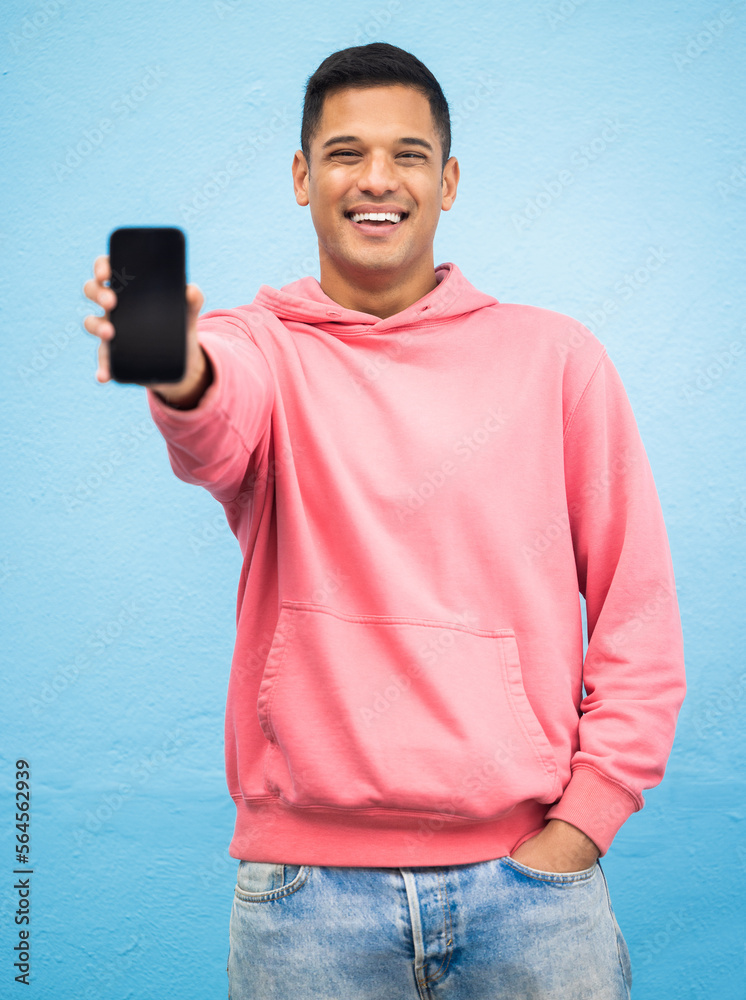 Happy man, portrait or phone screen mockup on isolated blue background for social media, app or web 