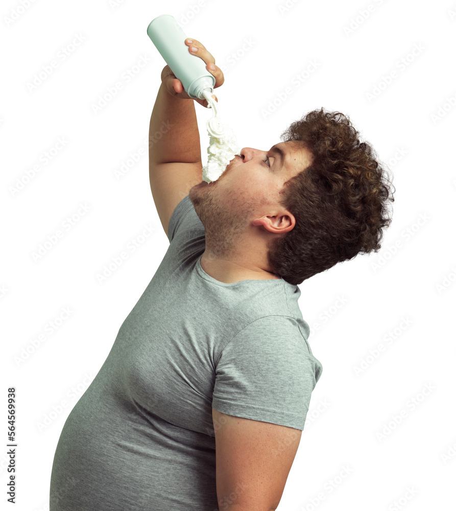 An overweight man filling his mouth with whipped cream isolated on a PNG background.