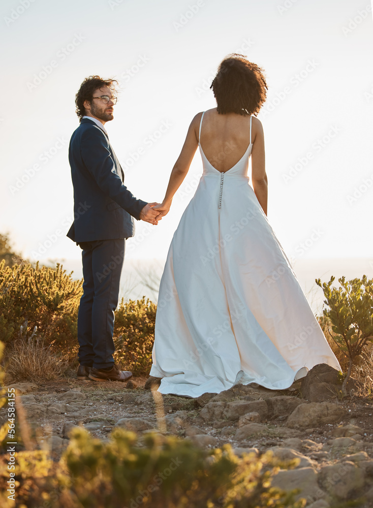 Wedding, nature or a couple of friends holding hands on a mountain in a romantic celebration of love