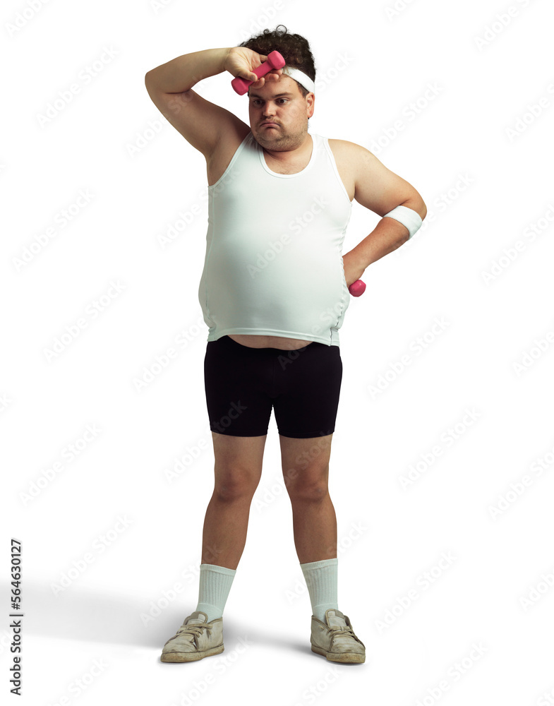 An overweight man tired after lifting dumbbells isolated on a PNG background.