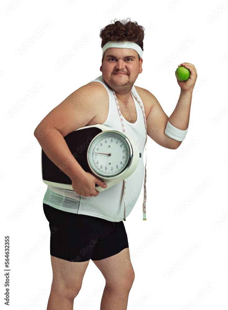 An overweight man holding an apple, scale and measuring tape isolated on a PNG background.