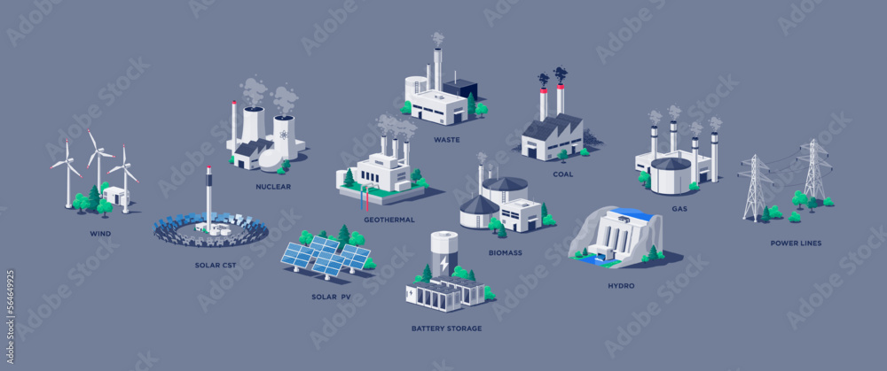 Electric energy power station plants. Sustainable generations. Mix of solar, water, fossil, wind, nu