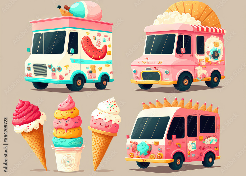 Ice cream food truck, isolate van, cartoon car for street food icecream desserts selling. ice cream 