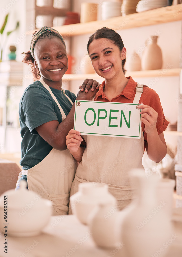 开放式标志、合作和妇女与小企业合作，用于陶器创业、创意工作室和ar
