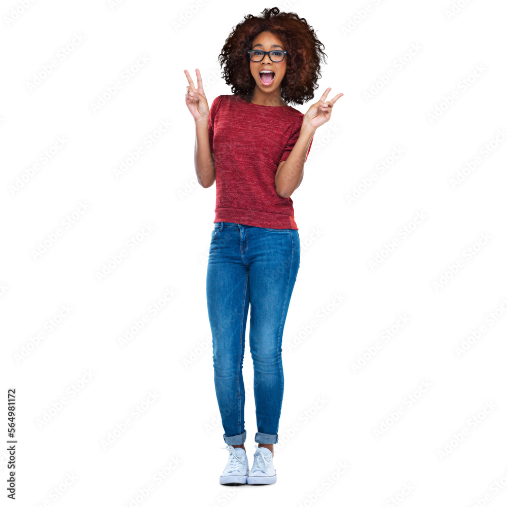 Full length shot of a happy beautiful young beautiful african woman showing the peace sign with both