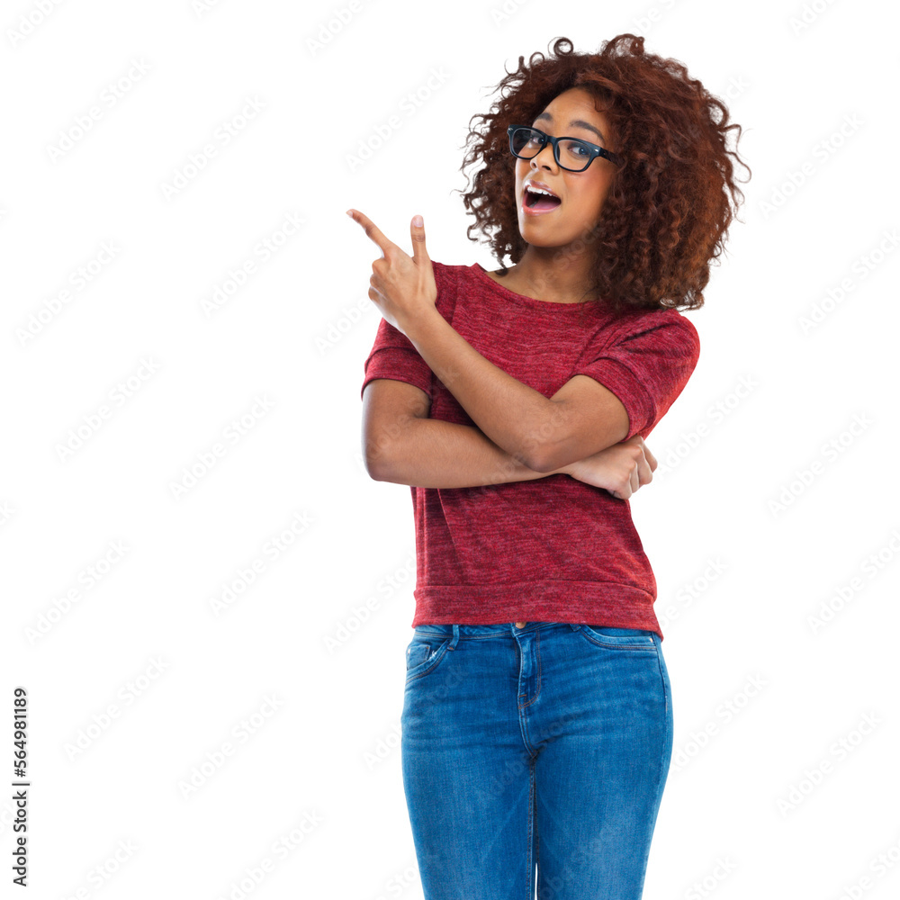 Portrait of a happy beautiful young african woman pointing towards the copy space isolated on a PNG 