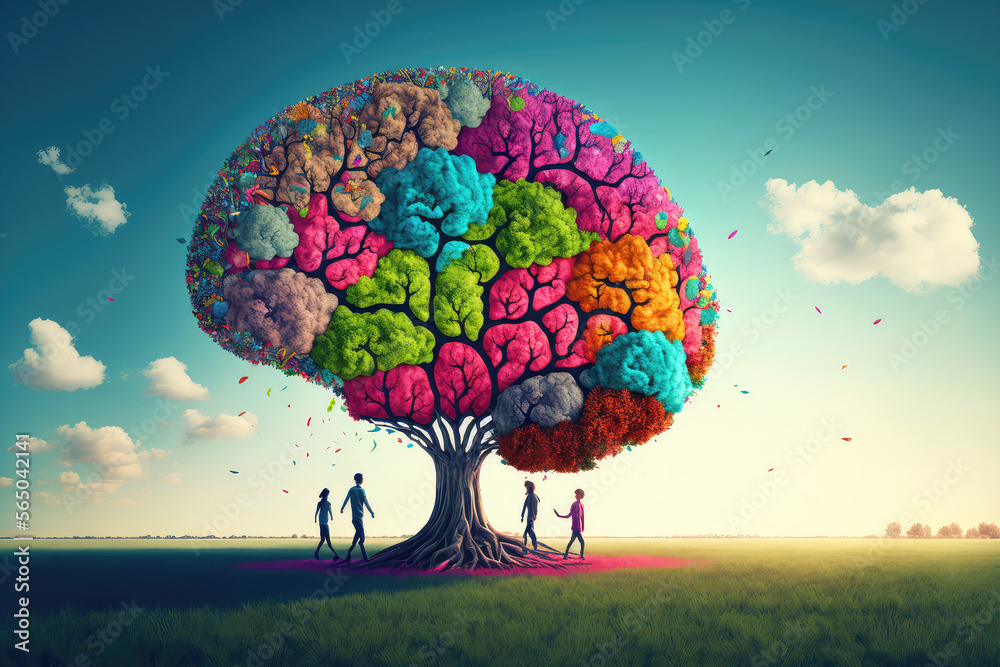 Tree in the shape of brain thinks and childrens to environmental solution (ai generated)