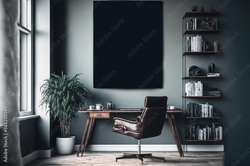 灰色和深色墙壁上的海报，木质桌子上方，开放空间内部有电脑显示器（ai gen）