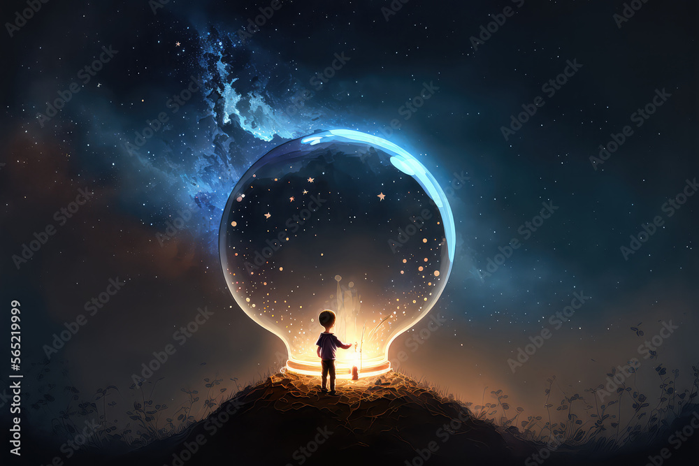 a boy looking the big bulb half buried in the ground against night sky with stars and space dust, di