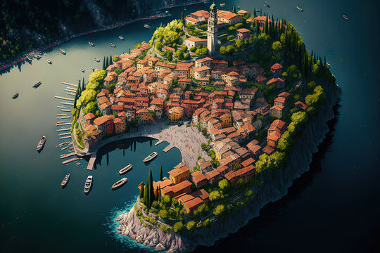Beautiful aerial panorama taken by a drone of Varenna, a well known medieval Italian village on the shore of Lake Como. View from a high point of a city in a summer day with lush hills, mountains, and