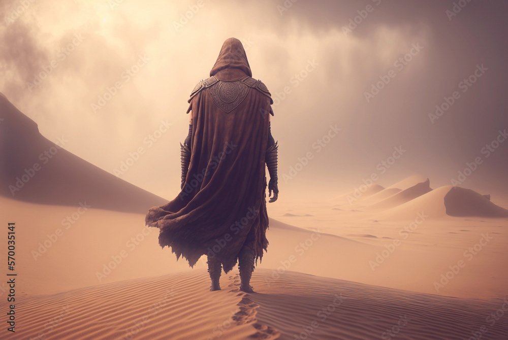 Man in coat stand in a desert sands during the storm. Sand in a air, dusty mist. Generative AI