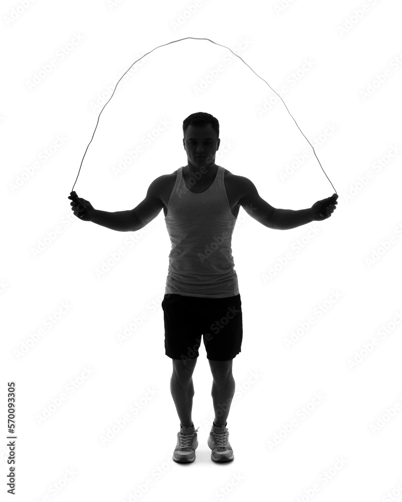 Silhouette of young man jumping with rope on white background