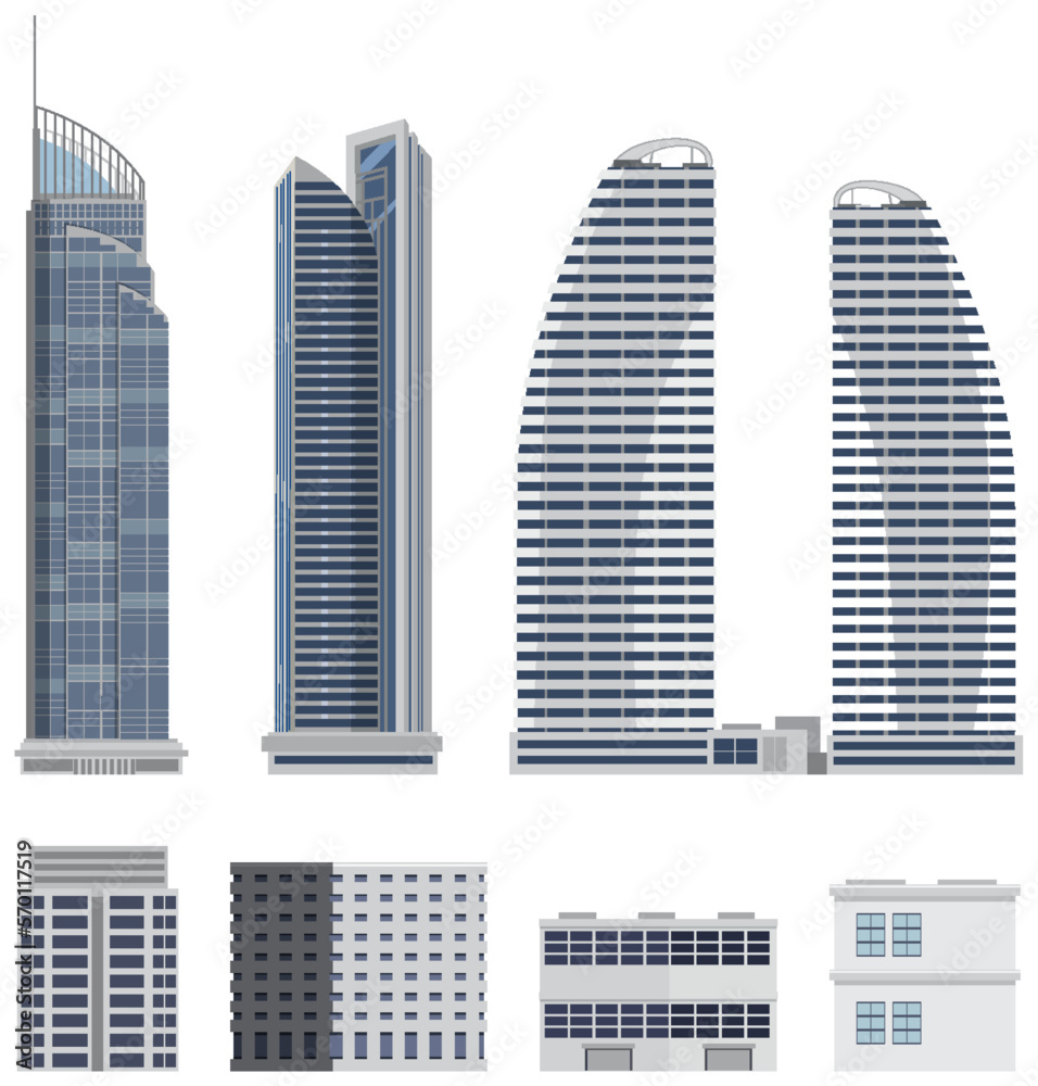 Different buildings set on white background