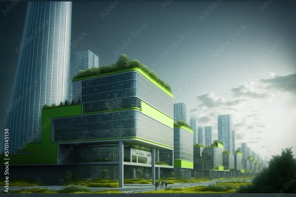 Sustainable green city with futuristic office building and architecture . Sublime Generative AI imag