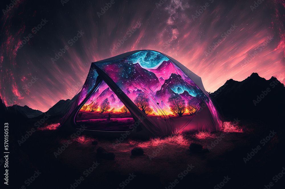 Camping tent illustrated in neon light vaporwave design . Sublime Generative AI image .