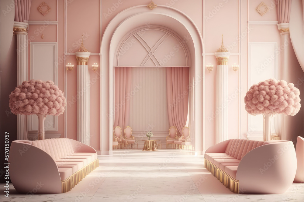 Modern living room interior design decorated in luxurious all pink color monochrome. Peculiar AI gen