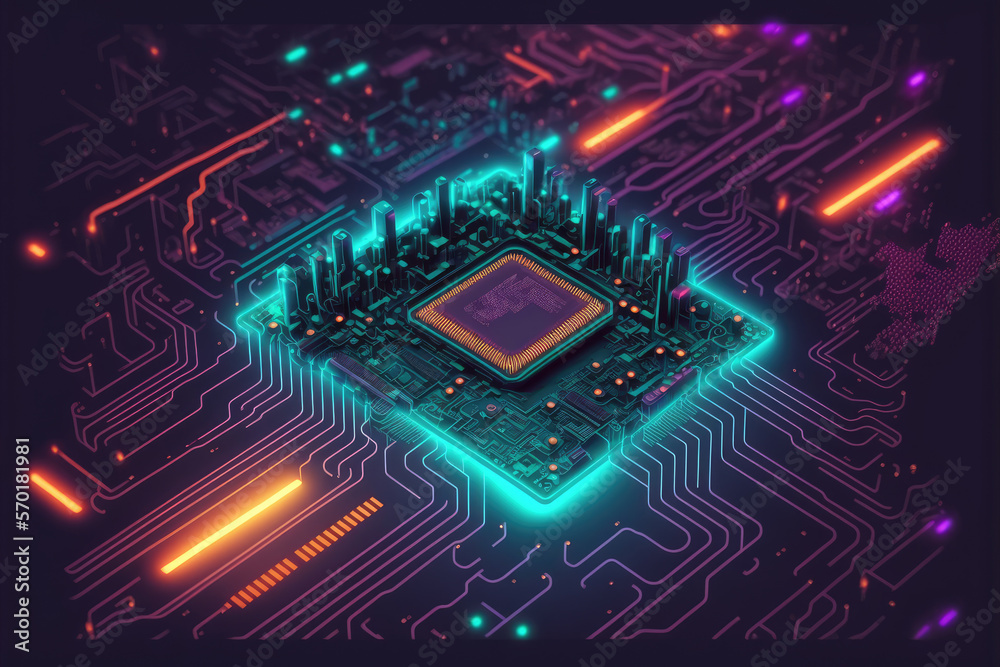 Computer microchip semiconductor on motherboard futuristic cyber neon lighting. Peculiar AI generati