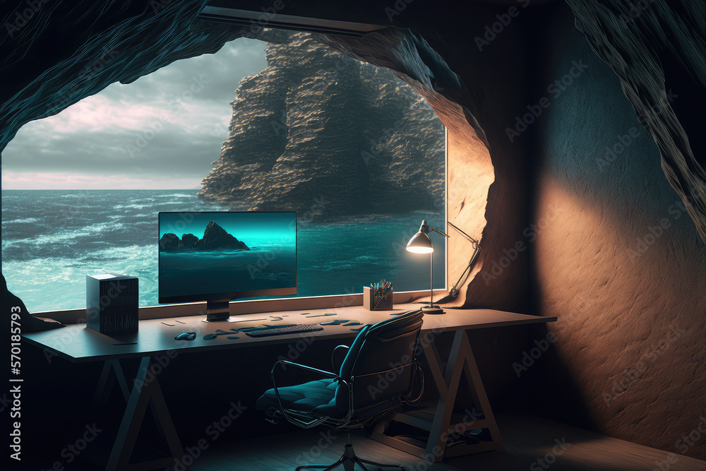Imaginary home workspace in rocky cave with a large window overlooking ocean ridge landscape . Dream