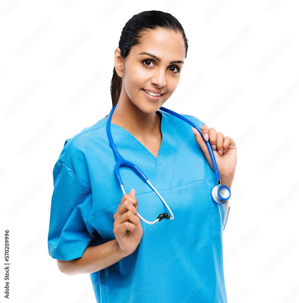 A confident female doctor or a health care specialist posing with a stethoscope and smiling at camer