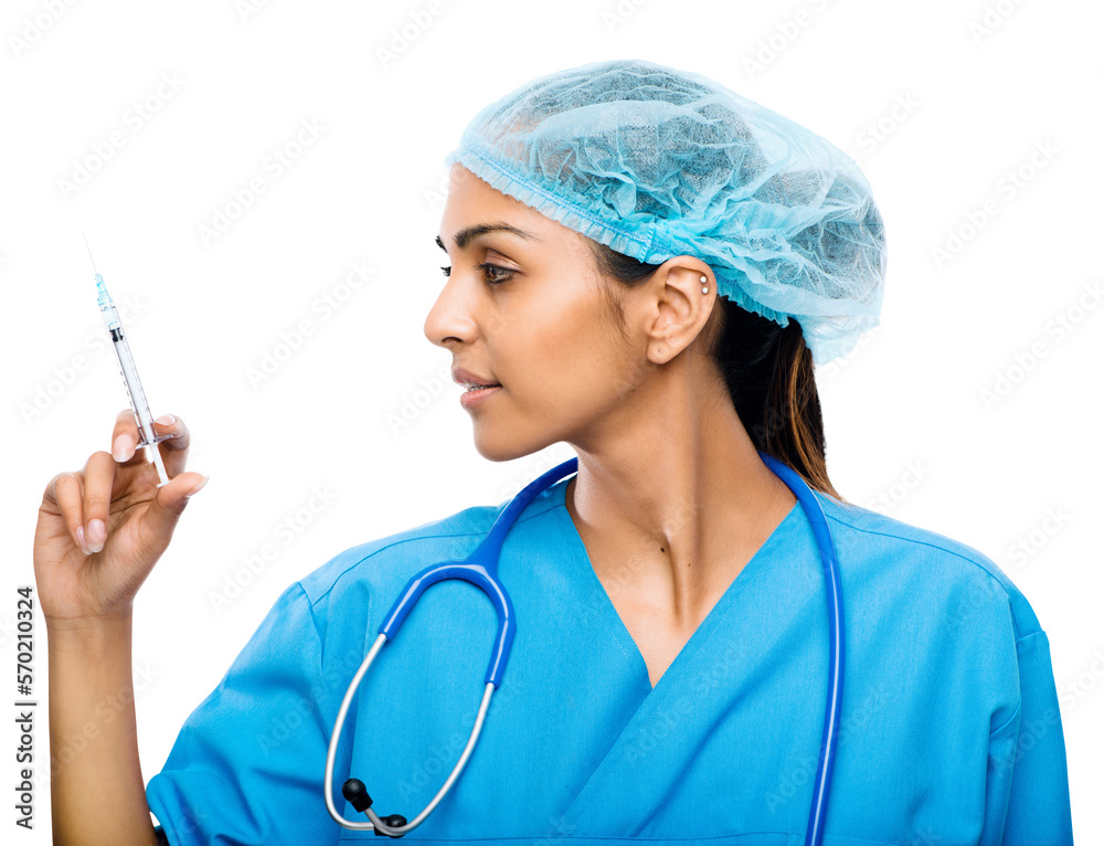 A skilled female doctor or a nurse in a surgical cap preparing a syringe for a vaccination or a insu