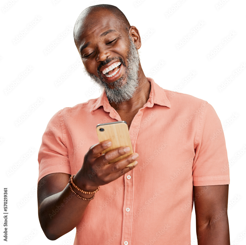 A happy African American man holding and using his cellphone to browse the internet. Smiling black m