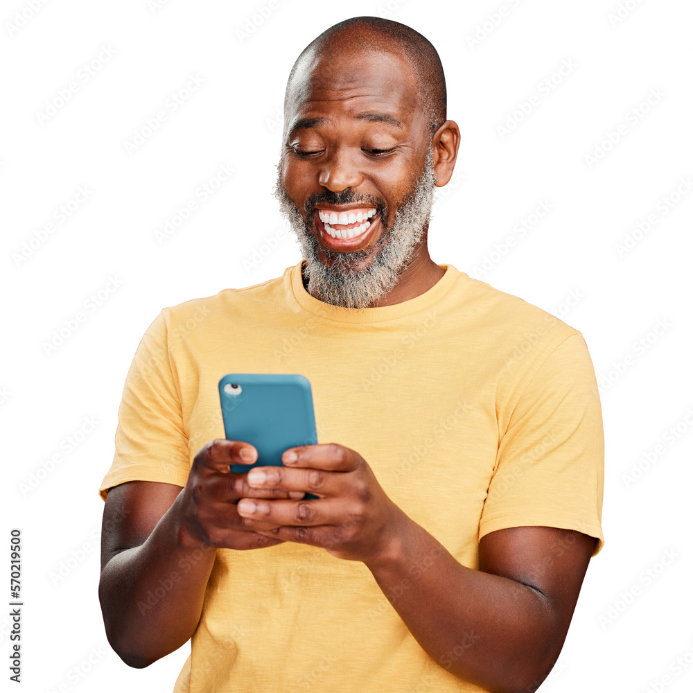 A happy African American man standing holding and using his cellphone to browse the internet. Smilin