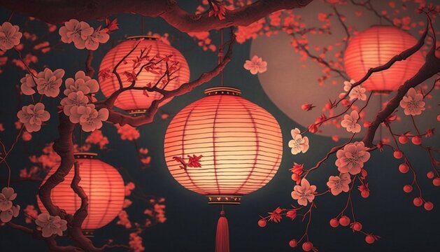 Lit red Chinese lanterns against a backdrop of flowers. Web banner, illustration not the theme of the Chinese New Year, the theme for the postcard. Generative AI.
