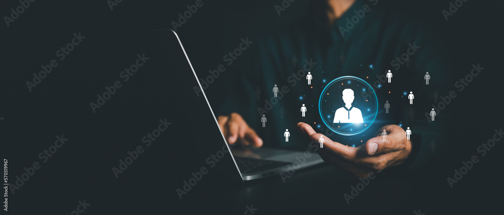 Businessman use computer,Customer Relationship Management, with global structure  Human Resources HR