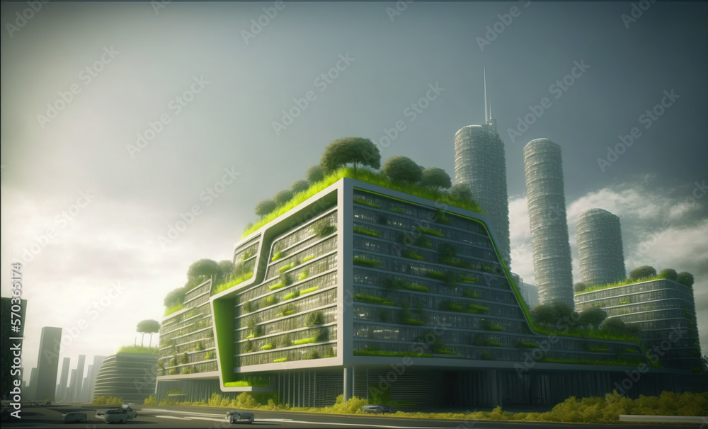 Sustainable green city with futuristic office building and architecture . Sublime Generative AI imag
