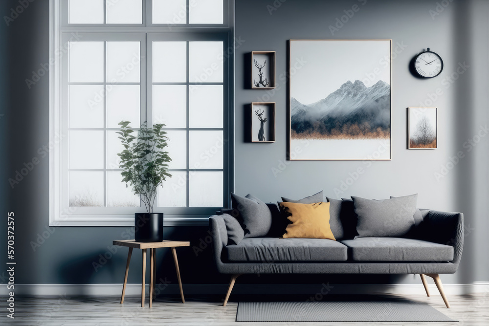 Modern comfortable living room interior design living space. Peculiar AI generative image.