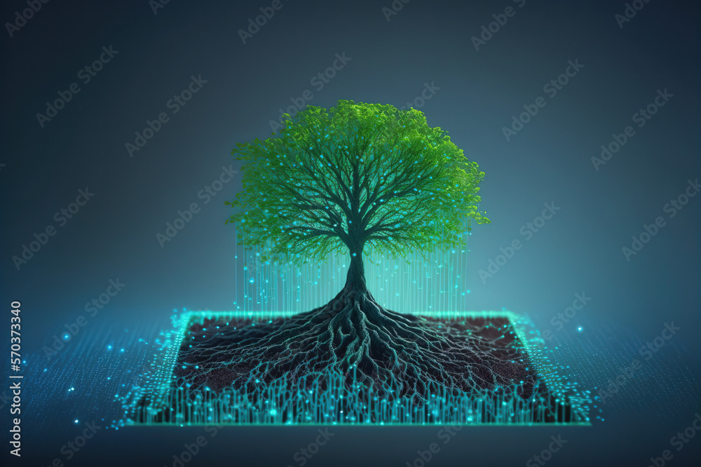 A beautiful large tree growing on the micro chip computer circuit board showing concept of digital b