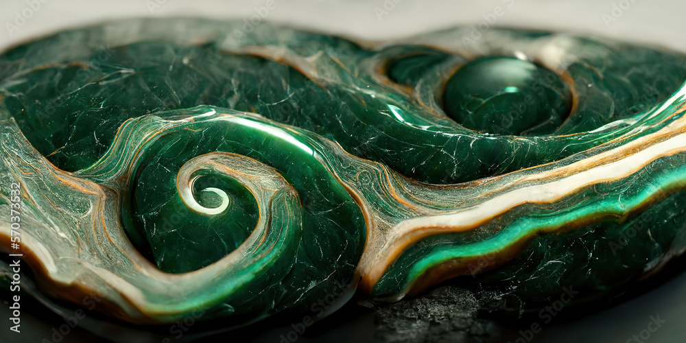 Sedate marco detailed luxurious jade green and golden ripple alcohol ink pattern in agate. Swirled o