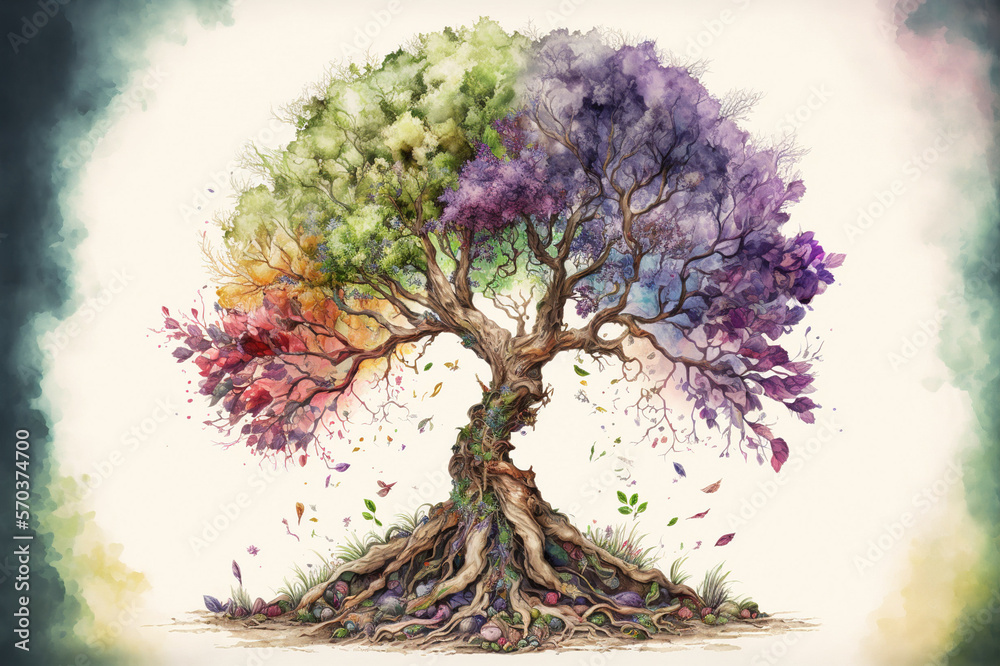 The tree of life in colorful spring watercolor painting style . Sublime Generative AI image .