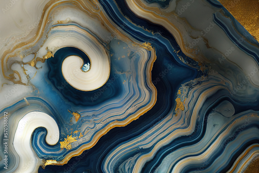 Abstract art background with a fluid marble blue and gold texture. Splendid generative AI luxury abs