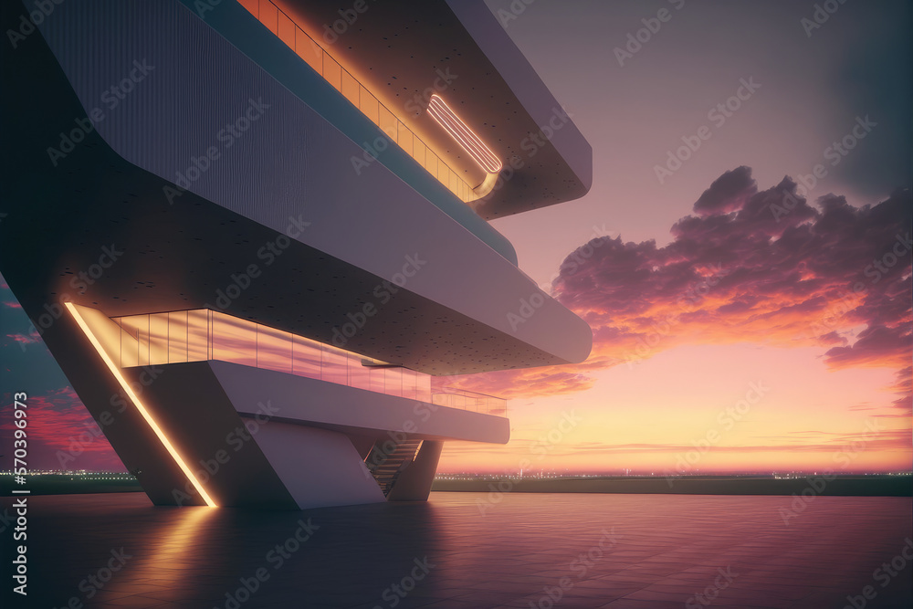 Sunset view of empty balcony floor on corridor of modern building exterior. Peculiar AI generative i