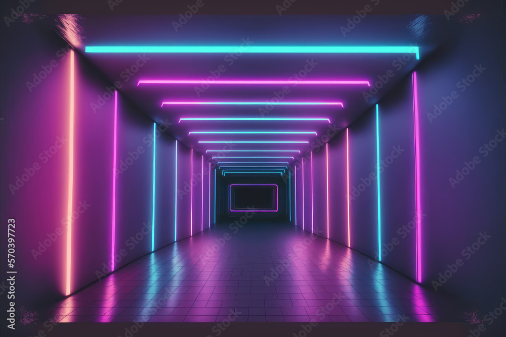 Neon light corridor tunnel with diminishing perspective view . Futuristic walking pathway. Peculiar 