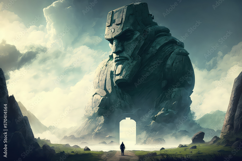 illustration painting of Fantasy art landscape with giant statue - digital illustration (ai generate