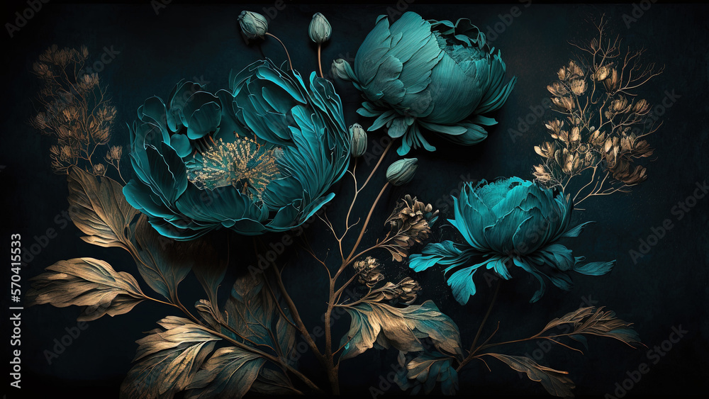 Generative AI, Close up of blooming flowerbeds of amazing teal flowers on dark moody floral textured