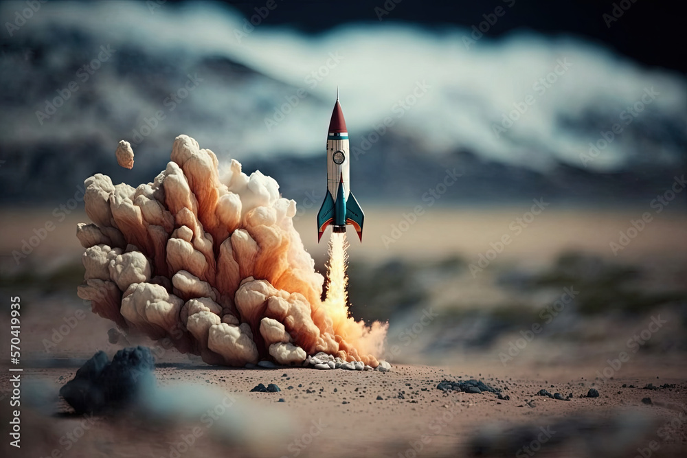 Generative AI, Rocket launch from the ground, mountains. Illustration concept of business product on