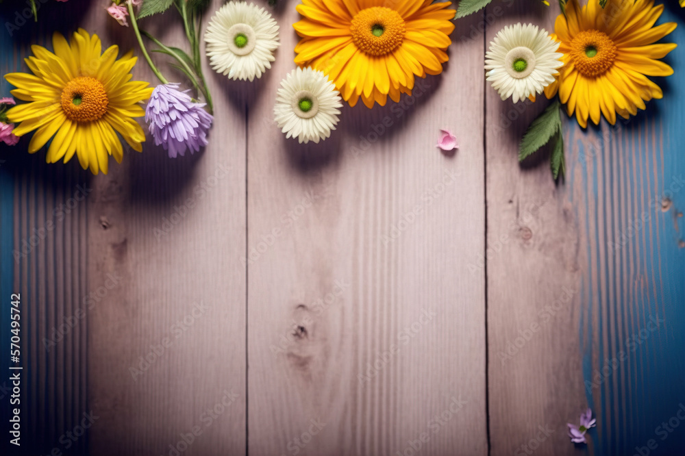 Flat lay view of flower on wood background, vintage color . Sublime Generative AI image .