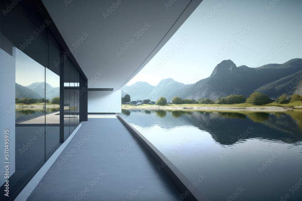 Balcony of modern building exterior design in lake and mountain landscape . Contemporary architectur